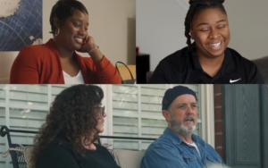 Four residents shown in a four‑panel image, seated indoors and outdoors in conversation, including individuals sitting at tables, on a couch, and on a porch in a residential community.