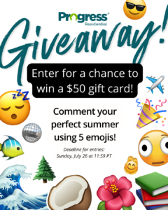 Progress Residential giveaway graphic promoting a chance to win a $50 gift card. The image features the Progress Residential logo above the word “Giveaway” in large teal script. Text encourages participants to “Comment your perfect summer using 5 emojis!” and notes an entry deadline of Sunday, July 26 at 11:59 PT. Summer-themed emojis, including a wave, airplane, fish, flower, coconut, books, tree, and celebration icons, surround the text.