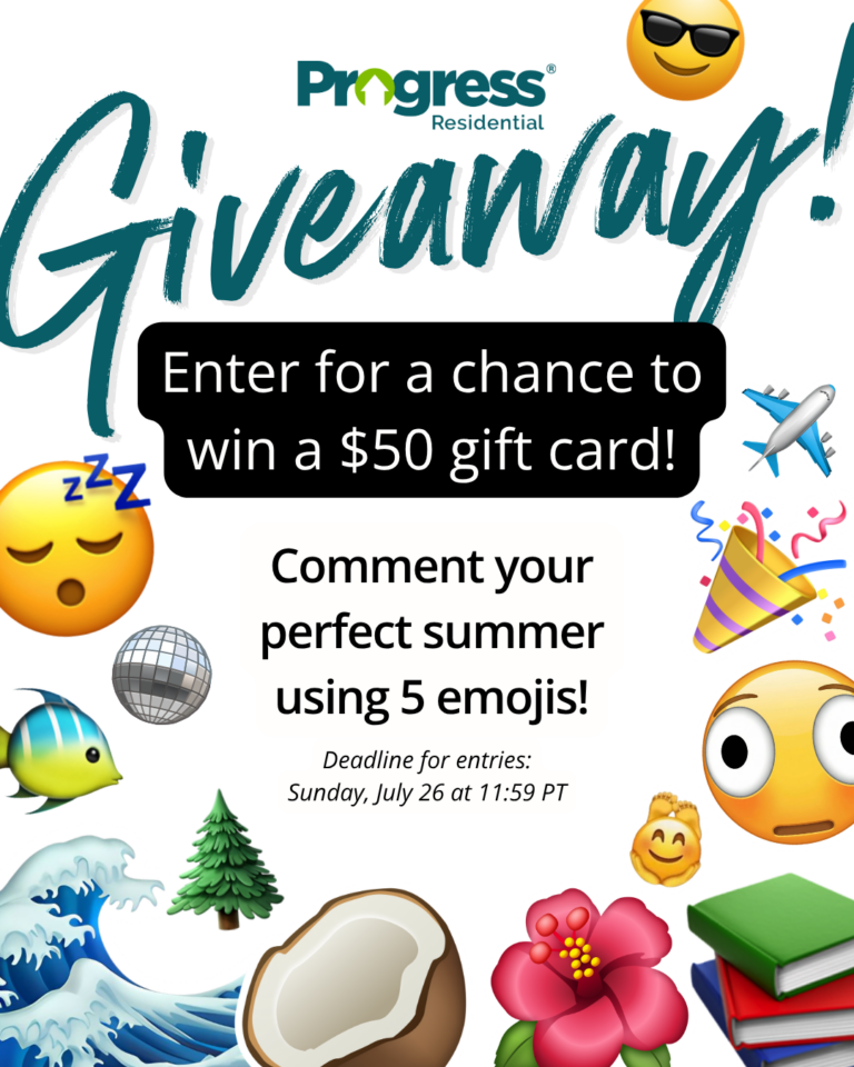 Progress Residential giveaway graphic promoting a chance to win a $50 gift card. The image features the Progress Residential logo above the word “Giveaway” in large teal script. Text encourages participants to “Comment your perfect summer using 5 emojis!” and notes an entry deadline of Sunday, July 26 at 11:59 PT. Summer-themed emojis, including a wave, airplane, fish, flower, coconut, books, tree, and celebration icons, surround the text.