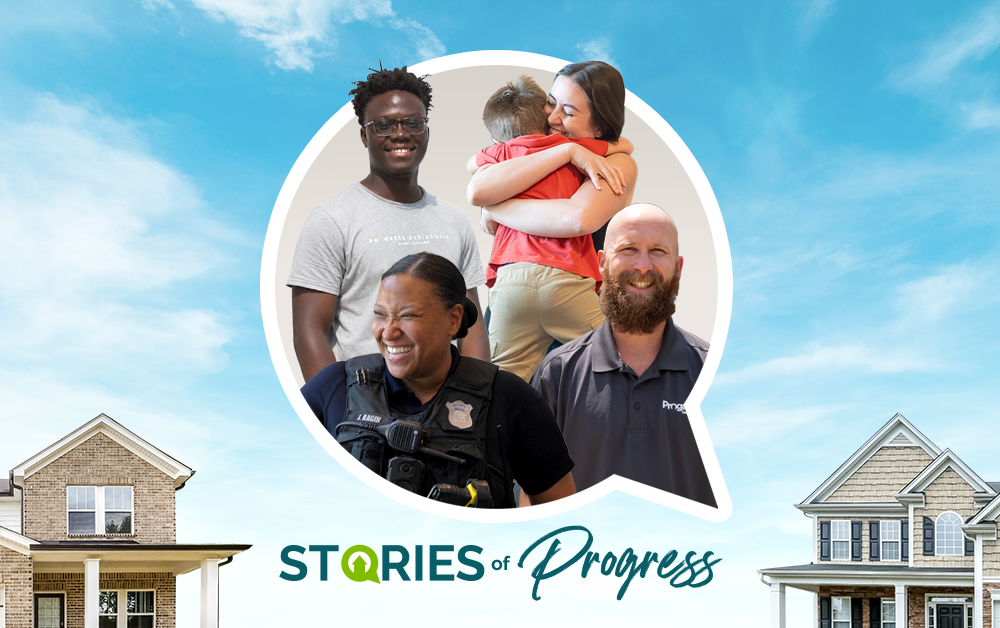 Stories of Progress featured image showing a collage of community members, including a public safety officer, a family embrace, and residents, framed against a blue sky with homes on either side.