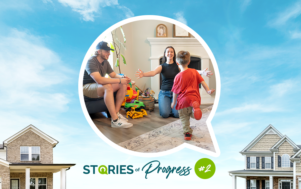 Stories of Progress featured image showing a family at home, with a child running toward an adult in a living room filled with toys, framed against a blue sky with homes on either side.