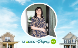Stories of Progress blog image featuring a resident at the front door of a rental home with a smart lock, representing convenience, security, and quality housing.
