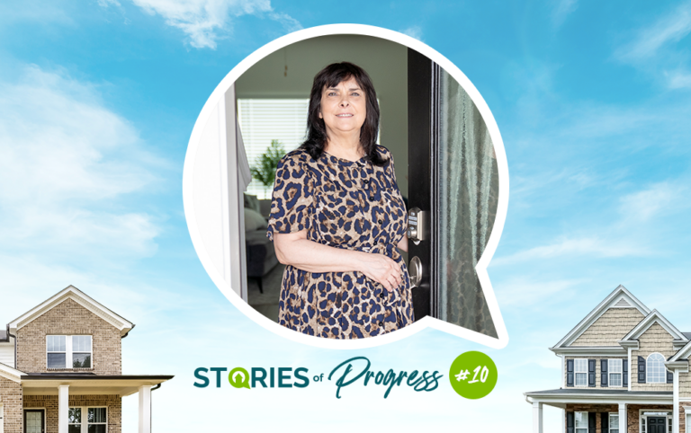 Stories of Progress blog image featuring a resident at the front door of a rental home with a smart lock, representing convenience, security, and quality housing.