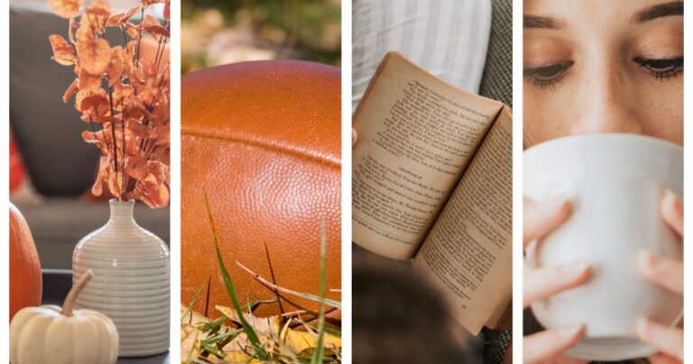 Fall-inspired collage featuring autumn leaves and pumpkins, a football, an open book, and a person enjoying a warm drink.