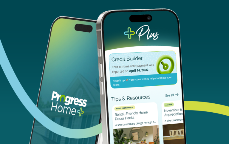 Graphic featuring two smartphones displaying the Progress Home Plus resident mobile app, with features including Credit Builder and Tips & Resources.