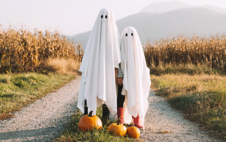 Two people wearing simple white sheet ghost costumes stand on a gravel path beside several pumpkins, with a cornfield and distant mountains in the background on an autumn day.